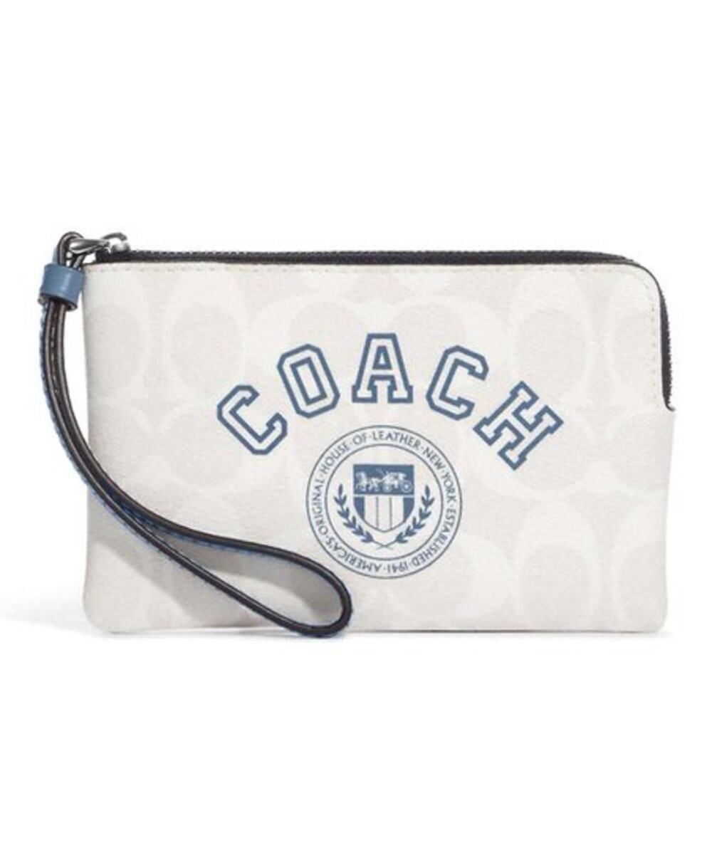 Coach Corner Zip Wristlet Wallet Signature Canvas Chalk Varsity Motif NEW